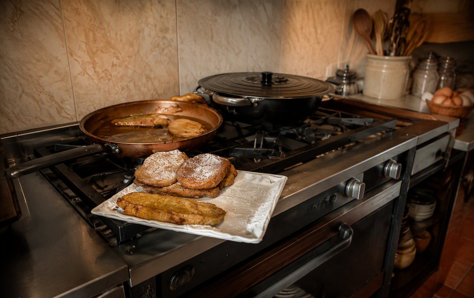 Cocinera de Cafetería Bayley preparando torrijas caseras en la cocina, Caleta de Vélez